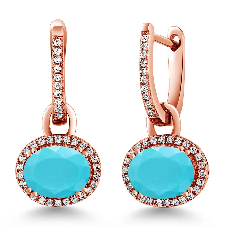 3.84 Ct Oval Green Turquoise 18K Rose Gold Plated Silver Earrings - Image 1 of 4
