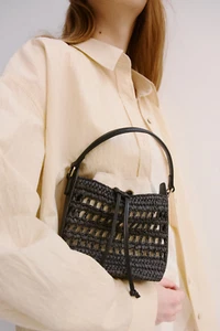 H&M Straw Crossbody Bag ( Beige / Black ) Drawstring Pouch Single Handle - Picture 1 of 7