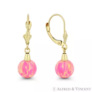 Orecchini pendenti goccia leva oro giallo 14 kt sfera opale rosa reale creati in laboratorio - Foto 1 di 7