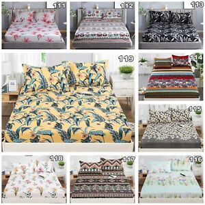 Floral Printed Pattern Queen King Size Deep Fitted Sheets Bed Cover Pillowcase