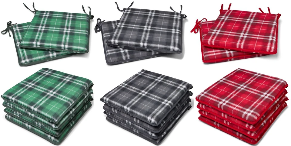 Tartan Check Dining Garden Chair Kitchen Cushion Seat Pads With Ties - Image 1 of 1