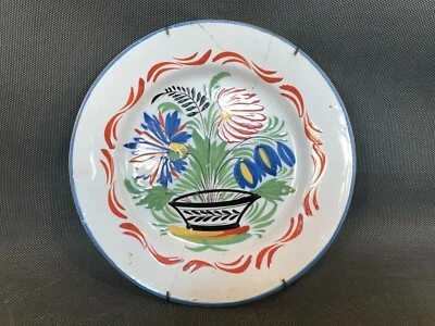 Ancienne assiette terre vernissée déco murale cuisine motif floral grès du 19ème - Photo 1/4