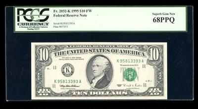 DBR 1995 $10 FRN Dallas Fr. 2032-K Superb Gem PCGS 68 PPQ Serial K95813393A - Image 1 of 2