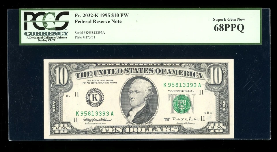 DBR 1995 $10 FRN Dallas Fr. 2032-K Superb Gem PCGS 68 PPQ Serial K95813393A - Image 1 of 2