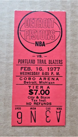 Detroit Pistons vs Portland Trail Blazers Ticket stub Feb 16, 1977 - COBO Arena Cover