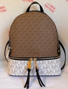 Michael Kors Rhea Zip Medium MK LOGO Brown Black Multi Backpack, Travel bag - Picture 1 of 15