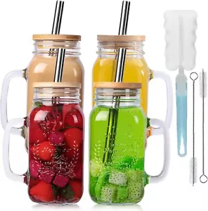 Yirilan 4 Pack 24Oz Mason jar cups with lids and straws, Mason Jars with Handle, - Picture 1 of 7