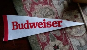 VINTAGE white red BUDWEISER BEER HEAVY FELT PENNANT FLAG + stick 18 inch - Picture 1 of 2