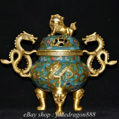 Incenso incensário escultura leão dragão cobre marca QianLong porcelana 10" - Imagem 1 de 4