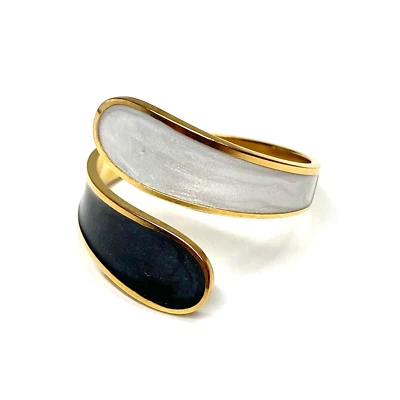 304 Stainless Steel 18k Gold Plated Enamel Black & White Spiral Adjustable Ring - Image 1 of 4