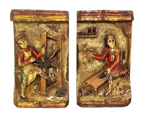 Antique European Folk Art Polychrome Carved Wood Plaque Workshop Trade Signs - Picture 1 of 4
