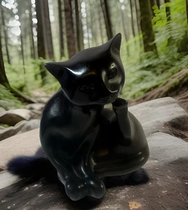 Carved  Black Cat Statue Sitting Scratching Blue Orchid 4 1/2" Solid - Picture 1 of 12