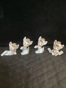 Vintage 4 Porzellan Mädchen Elfe im Engel Kostüm Figur Blume Gold Heiligenschein Japan - Bild 1 von 9