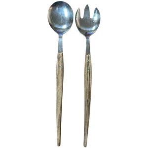 Vintage 60"s Stainless Steel Wooden Handles Salad Serving Set Made In Japan - Picture 1 of 6