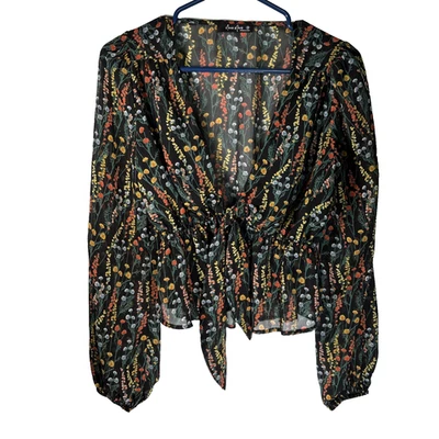 Top corto con lazo floral negro transparente S manga abullonada volantes capa de grunge de hadas Foto 1 de 4