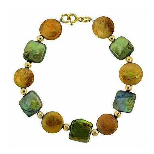 18K Gold over Silver Brown & Green Freshwater Cultured Coin Pearls Bracelet, 7" - Image 1 of 1