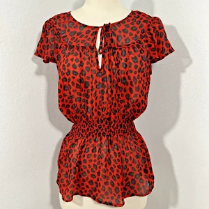 XXI Top Womens S Petite Leopard Smocked Office Siren Flutter Blouse - Picture 1 of 7