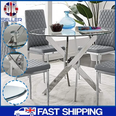 Clear Glass Round Dining Table chair With Chrome Cross Legs Kitchen Furniture - Image 1 of 4