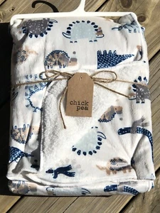 New Chick Pea Dinosaur Baby Blanket White Blue Gray Boys Sherpa Reverse - Picture 1 of 5