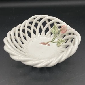 RARE A. Banasiak Hand Made Lattice Porcelain Pink Rose Bud & Weave Basket Poland - Picture 1 of 10