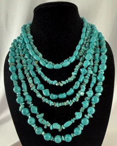 Multi Strand Blue Dyed Howlite & Turquoise Chip Necklace - Picture 1 of 9