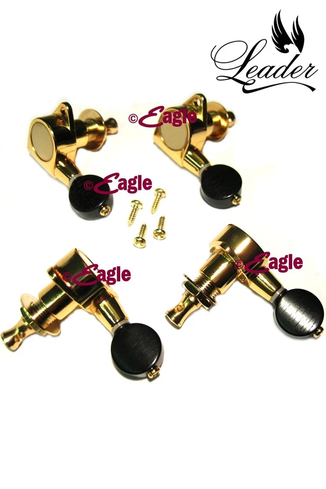 LEADER BANJO COMPANY Mini testa macchina - set di quattro - pulsante oro/nero per ukulele e uke banjo