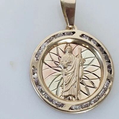 3 color 14k gold saint jude juda round pendant charm 1.1 inch long diamond cut - Image 1 of 4