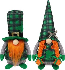 St Patrick'S Day Gnomes Plush Decoration, 2 Pack Different Green Grid Hats with - Picture 1 of 12