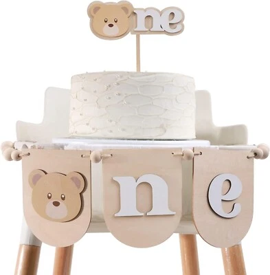 NUEVO ~ Oso de peluche de madera Vavayao silla alta pancarta y adorno de pastel ~ 1er cumpleaños Foto 1 de 4