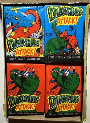Tarjetas de ataque de dinosaurios Topps 1988 un paquete de cera sellado 5 cartas 1 pegatina Foto 1 de 3