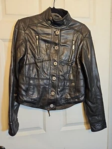 River Island Black Real Leather Jacket Large Motorcycle Military Crop - Picture 1 of 6