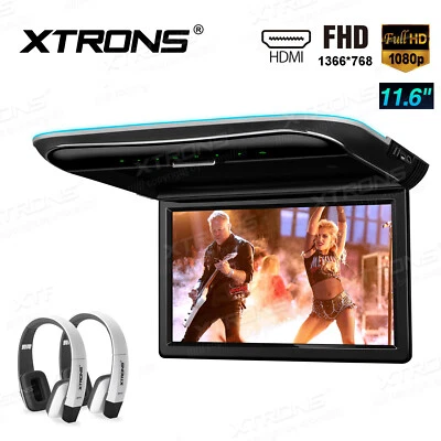 11.6" Screen Car TV Roof Flip Down Monitor Video Player HDMI USB +2X Headphones - Image 1 of 4