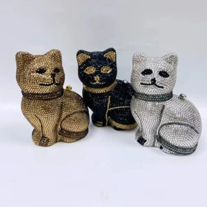 Gold Cat Shape Women Crystal Clutch Evening Bags Diamond Minaudiere Wedding - Picture 1 of 23