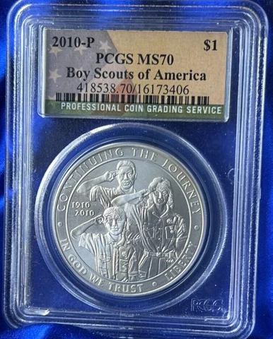 2010-P BOY SCOUTS OF AMERICA SILVER DOLLAR PCGS MS70 Boy Scout Flag Label Cover