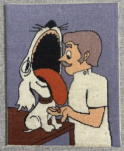 Vintage Needlepoint Veterinarian Giving Dog A Pill 14"x 11" Funny Cross-Stitch - Picture 1 of 6