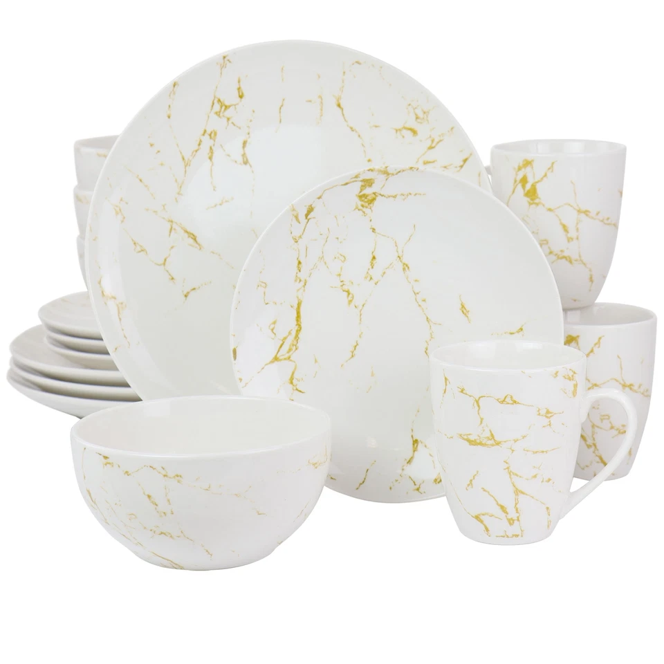 Elama Fine Marble 16 Piece Stoneware Dinnerware Set in Gold and White - Image 1 of 1