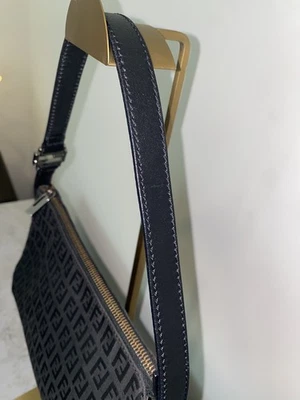 FENDI Bag FF Shoulder Purse Hand Pouch Zucchino Black Silver Canvas Leather Used - Image 1 of 4