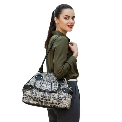 Faux Croc Tote Bag Womens Black Tan Designer Satchel Shoulder Handbag Chic - Image 1 of 4