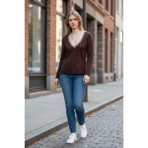 Future Paradise Kaschmir Pullover, V-Ausschnitt, Zopfmuster braun mit Spitzenbesatz Gr. M - Bild 1 von 12