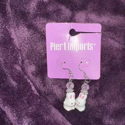 Pendientes de porcelana conejo de Pascua conejo blanco muelle uno Foto 1 de 4