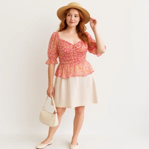 Womens Y2K Pink Floral Peplum Top Size 2X Puff Sleeve Sheer Fairy Cottagecore - Picture 1 of 12