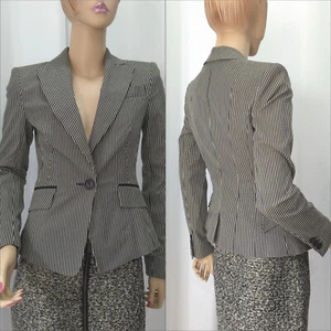 Cue Suit Jacket Blazer Striped Chocolate Beige Brown Cotton Size 6 Pre Owned EUC - Picture 1 of 11