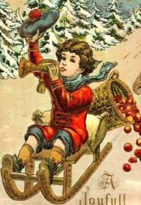 Antique Christmas Postcard Young Girl on Sled with Apples Embossed (A28) - Picture 1 of 3