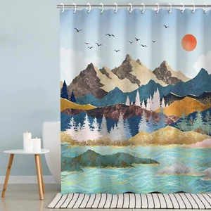 Mountain Shower Curtain Forest Shower Curtain Cool Shower Curtain Hooks Water... - Picture 1 of 7