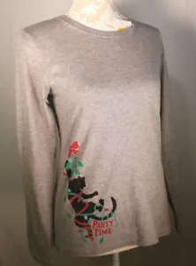 "Nuevo con etiquetas Life is Good Mujer XS Gris brezo ""Party Time"" Vacaciones Gatito L/S Camisa - Imagen 1 de 10