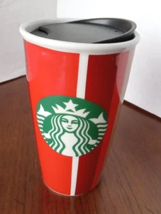 Starbucks Ceramic Travel Mug / Tumbler - 2018 Christmas Stripes - With Lid! - Picture 1 of 6