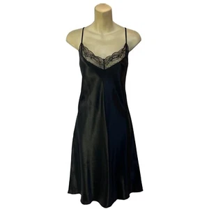 Black Silky Shiny Sexy Satin & Lace Chemise Nightie Slip Midi Length Size 30 - Picture 1 of 1
