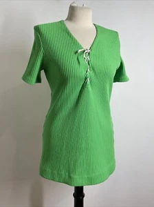 Vtg Jantzen M Lime Green Rib Knit Lace-Up Short Sleeve Top Shirt - Picture 1 of 9