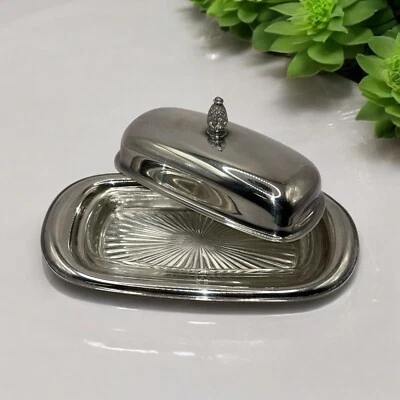 Plato de mantequilla vintage de 8,5" de largo WM Rogers #987 forrado en vidrio plateado Foto 1 de 4