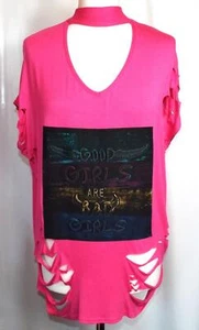 NEW QED LONDON 🌺 PINK VISCOSE GOOD & BAD GIRLS T SHIRT TOP 🌺 SIZE 12/14 # 518* - Picture 1 of 4